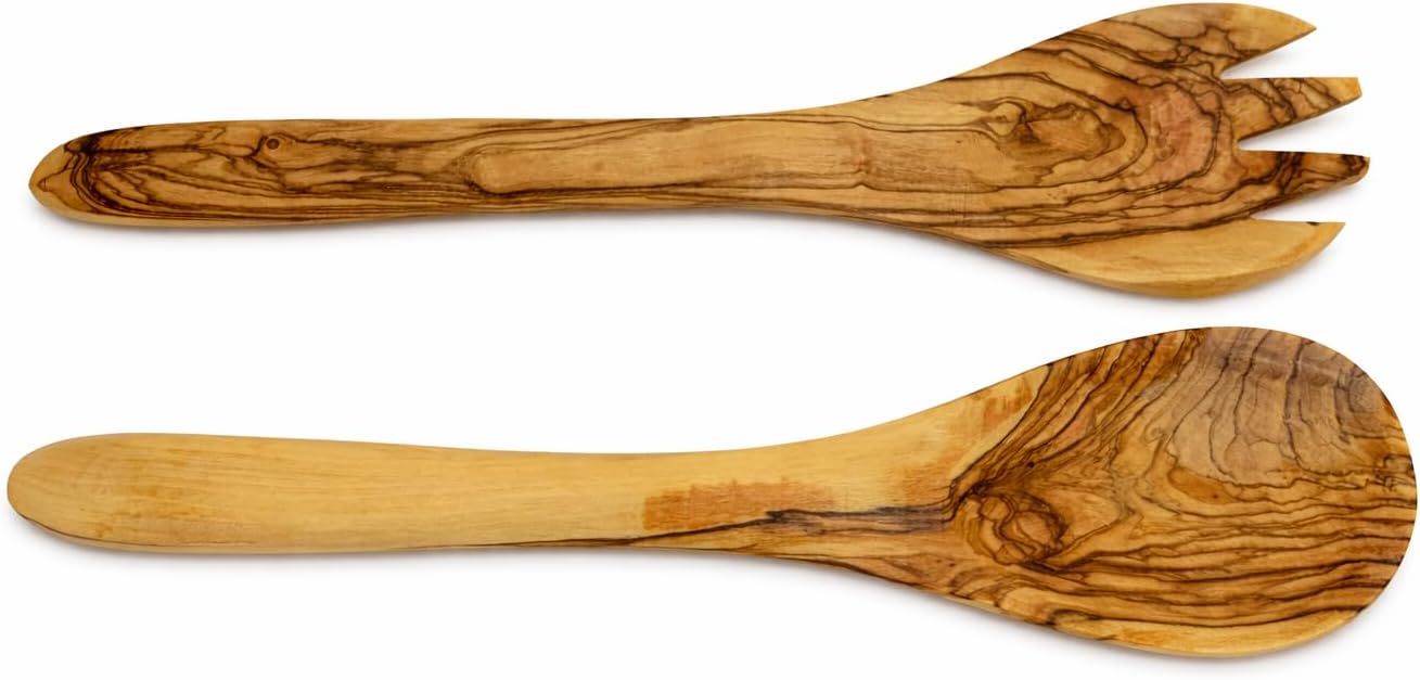 Zuluf Olive Wood Salad Servers Set – 10 Inch Wooden Serving Spoon and Fork, Handcrafted Natural Kitchen Utensils for Salad Pasta Mixing, Smooth Durable Finish, Rustic Olive Wood Gift Set