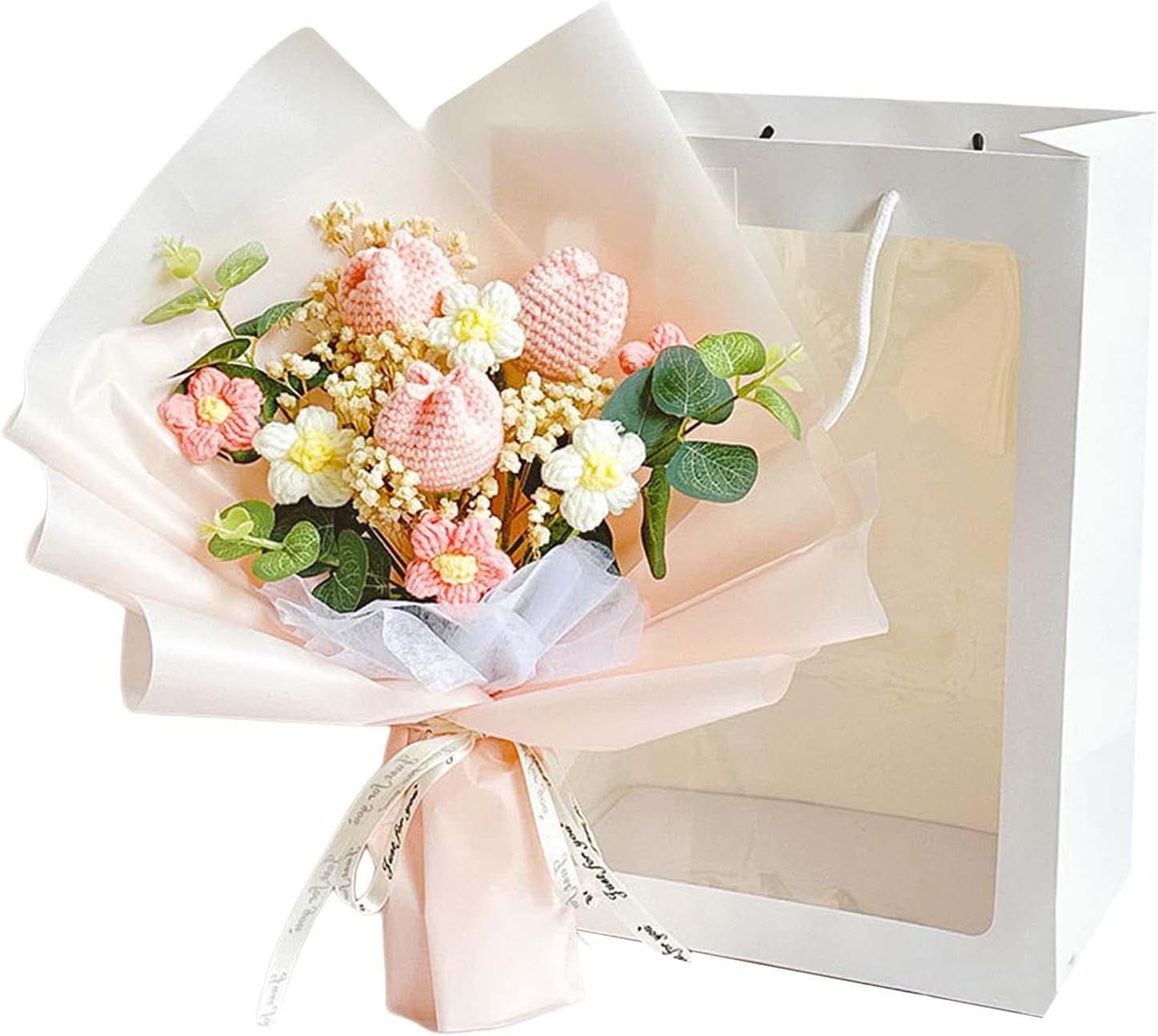 predolo Completed Crochet Flowers Bouquet Artificial Flowers Knitting Daisy Bouquet Elegant for Mother Day, Birthday Eternal Blessing, Style D