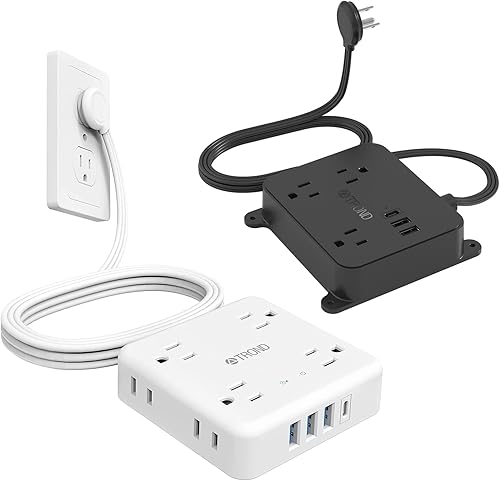 TROND Regleta de alimentación de enchufe plano con 3 puertos USB-A y 1 puerto USB-C, 8 tomas de corriente amplias + cable de extensión ultra delgado
