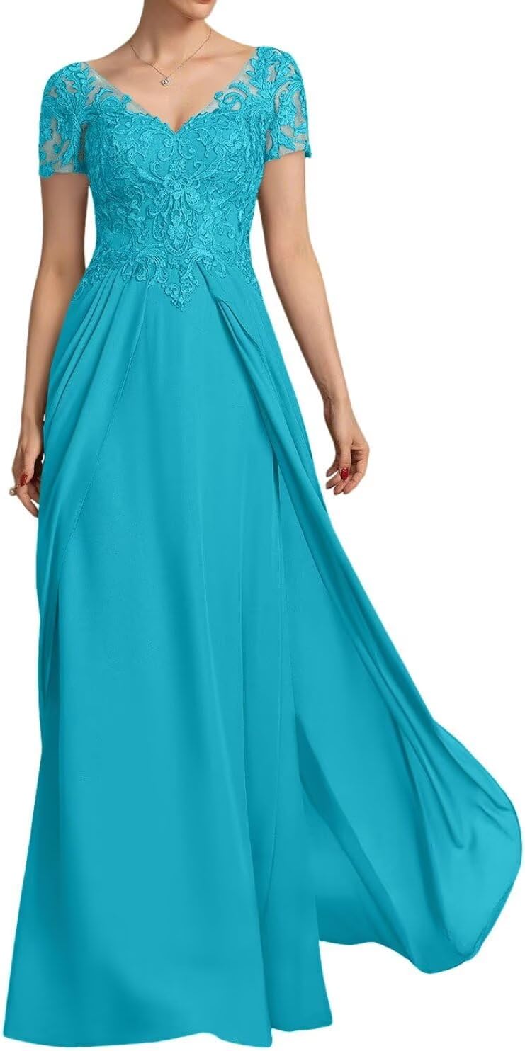 Short Sleeve Mother of The Bride Dress for Wedding Lace Applique A-Line Formal Gowns BO067