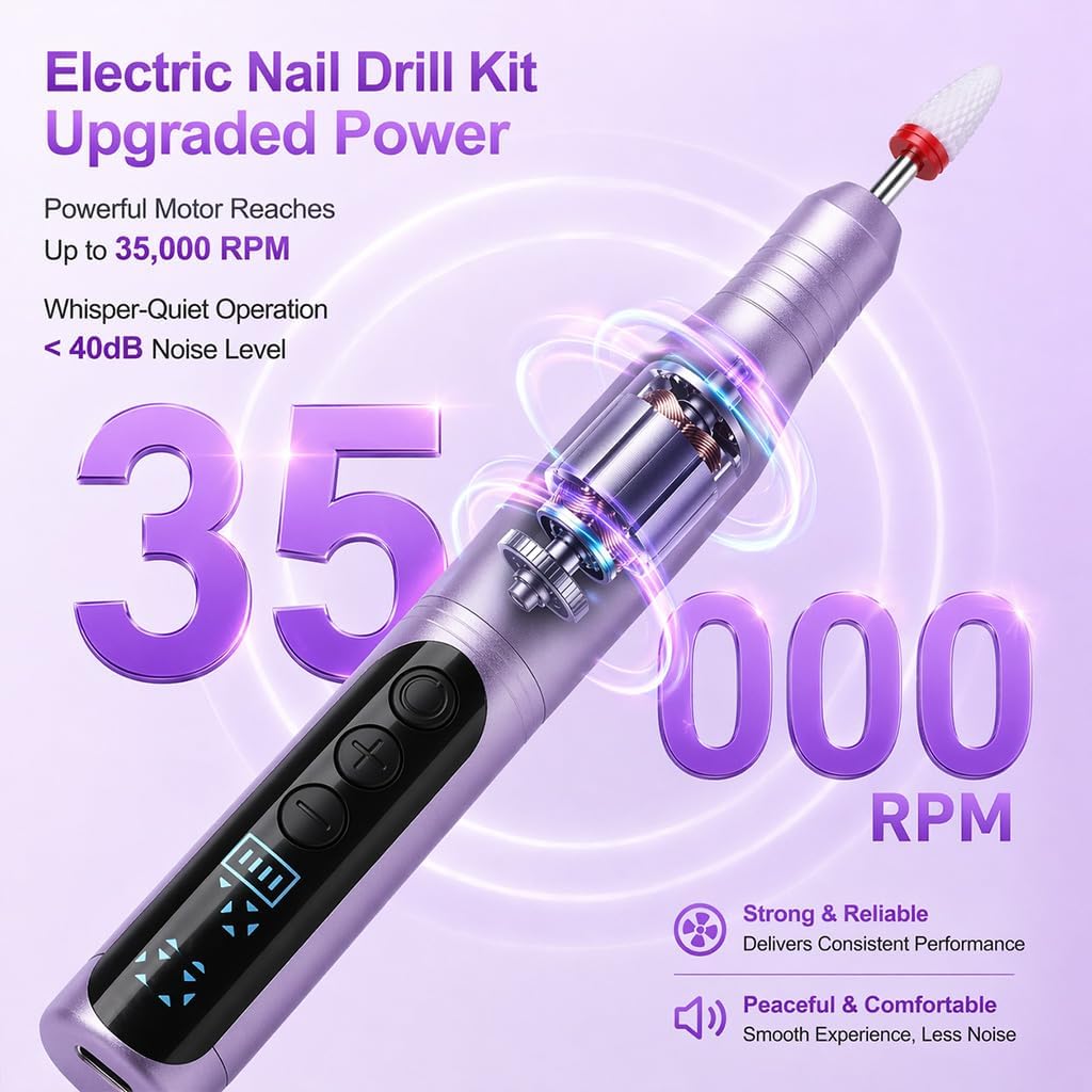 Ponceuse pour Ongles Professionnelle 35000 tr/min 12 en 1 Lime a Ongle Electrique Sans Fil avec Écran Numérique LCD et 12 Embouts Lime à Ongles pour Gel Acrylique et Semi Permanent