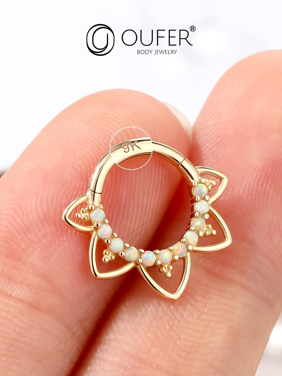 OUFER Daith Piercing Jewelry, 9K Daith Earrings, 16G Opal/Clear CZ Design Daith Hoop Earring, Helix Cartilage Septum Piercing Jewelry