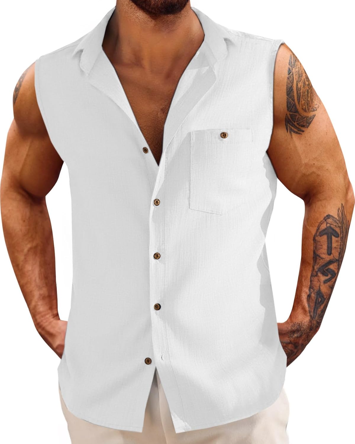 Fommykin Men's Linen Sleeveless Shirts Button Down Beach Tank Top Basic Solid Shirt Vest with Pocket