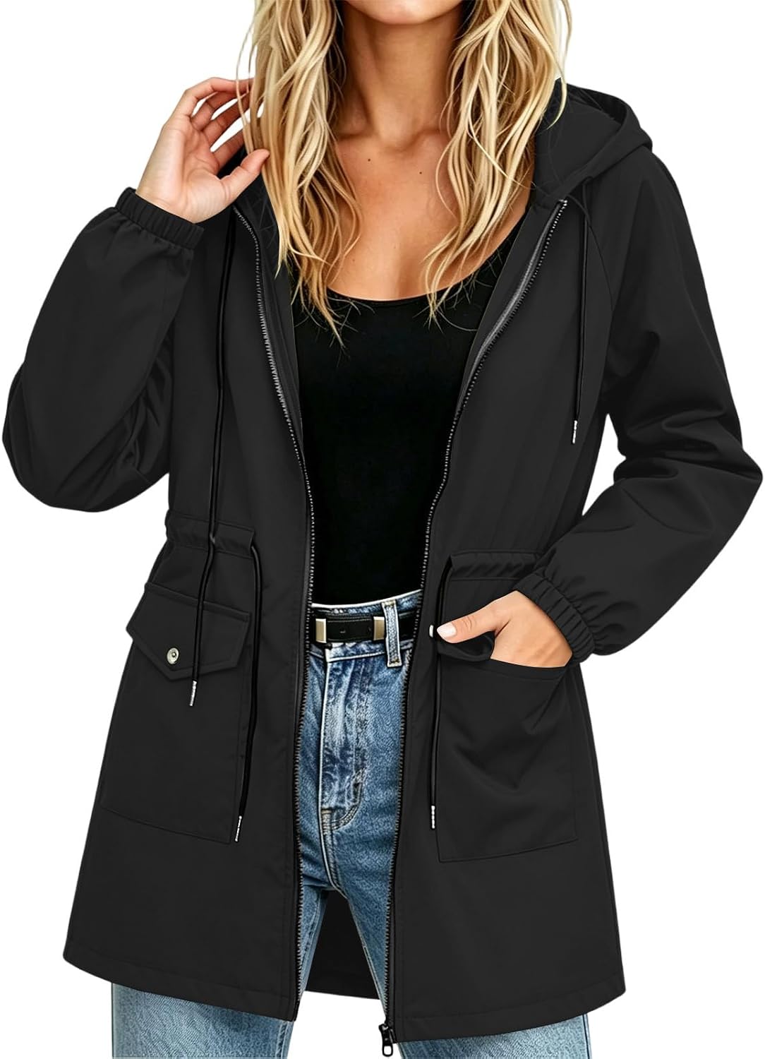 Anorak Coat for Women V Neck Hooded Zip Up Cinch Waist Jacket | Women's Mid Length Rain Jacket with Kangaroo Pocket, Drawstring Hood, Long Sleeve for Fall Spring Travel Casual