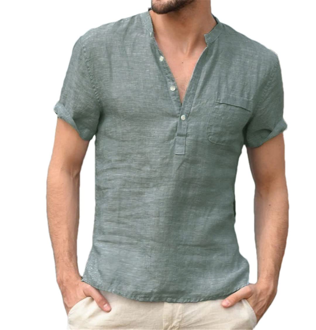 Camiseta de manga corta para hombre, de algodón y lino, informal, para hombre, ver fotos, L