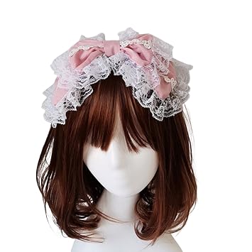 Pink Bow Lolita Lace Headband for Women, Ruffled White Lace Maid Hair Band Headdress, Sweet Vintage Gothic Hair Accessories for Cosplay, Tea Party, Daily Wear