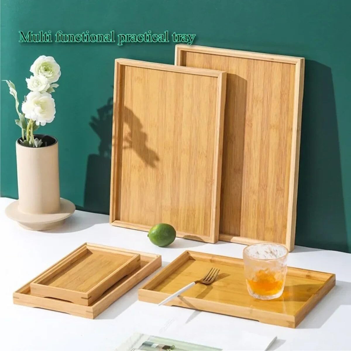 Vassoi rettangolari per Alimenti, vassoi da Portata in bambù da 22x33 cm per la conservazione delle Bevande in Cucina, Naturali