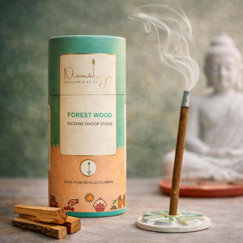 Nirmalaya Premium Forestwood Bambooless Dhoop Sticks (40 Sticks) with Ceramic Stand Sacred Temple Flower | 100% Charcoal-Free | for Pooja, Meditation, Yoga & Home Fragrance