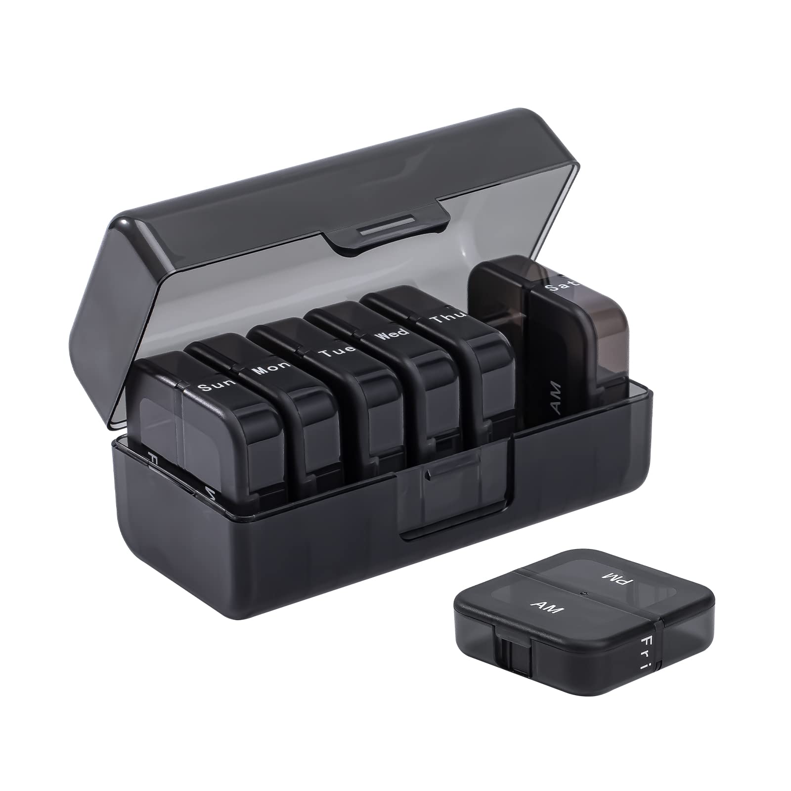 Daviky Pill Organizer Travel 2 Times a Day, Weekly AM PM Pill Box 7 Day, Large Daily Pill Case, Black Privacy Protection Medicine Organizer for Medication/Vitamins/Fish Oils/Supplements