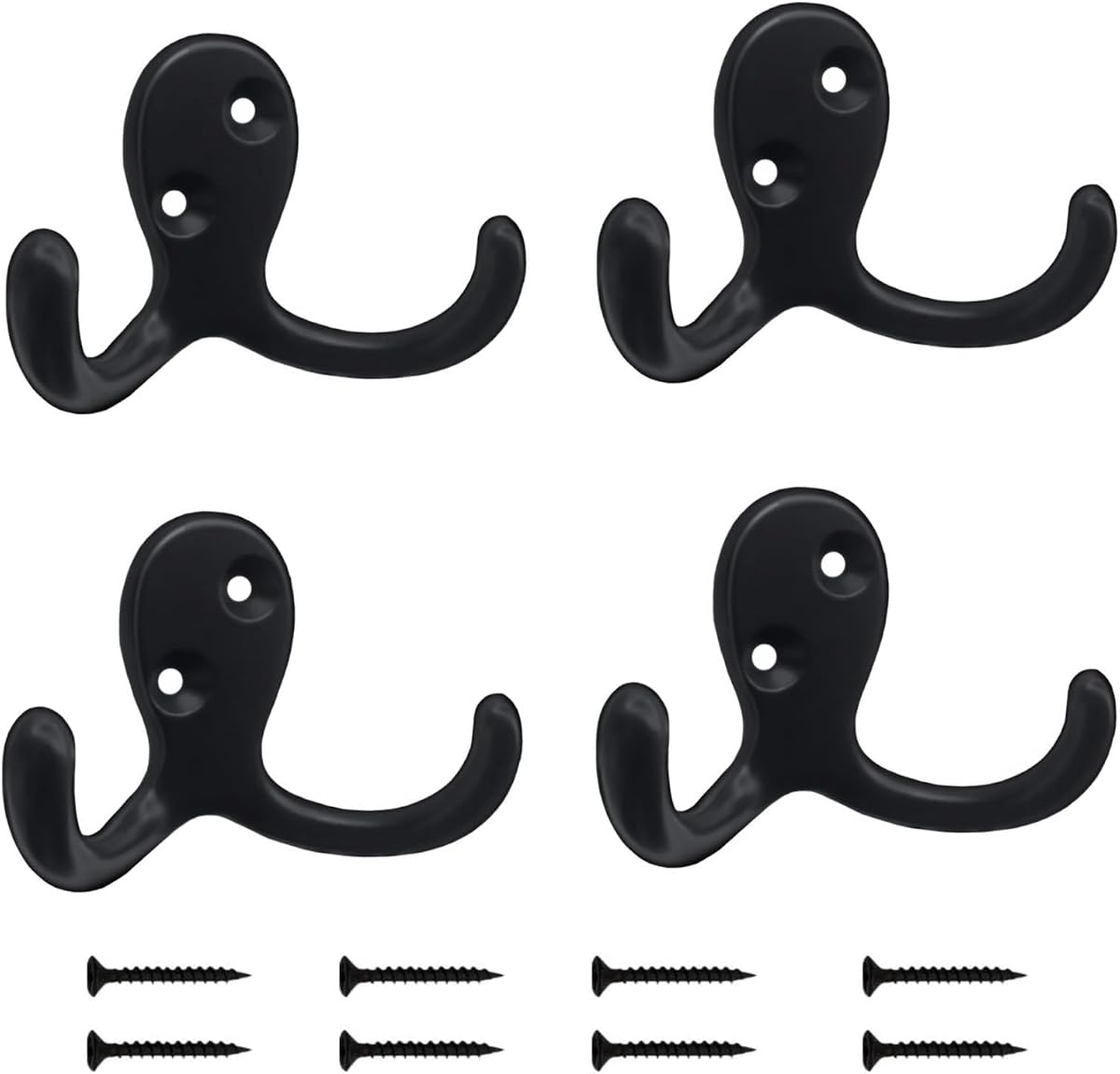 Kruodop 4 Pack Wall Hooks Wall Mounted Coat Hooks for Hanging Heavy Duty, Black Towel Hooks, Metal Double Coat Hanger with Screws Cup Retro for Coats, Handbags, Towels, Hat