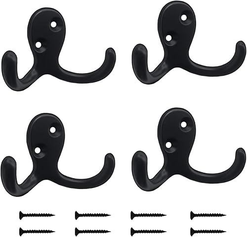 Paquete de 4 ganchos de pared para colgar abrigos, resistentes, ganchos negros para toallas, colgador doble de metal con tornillos retro para
