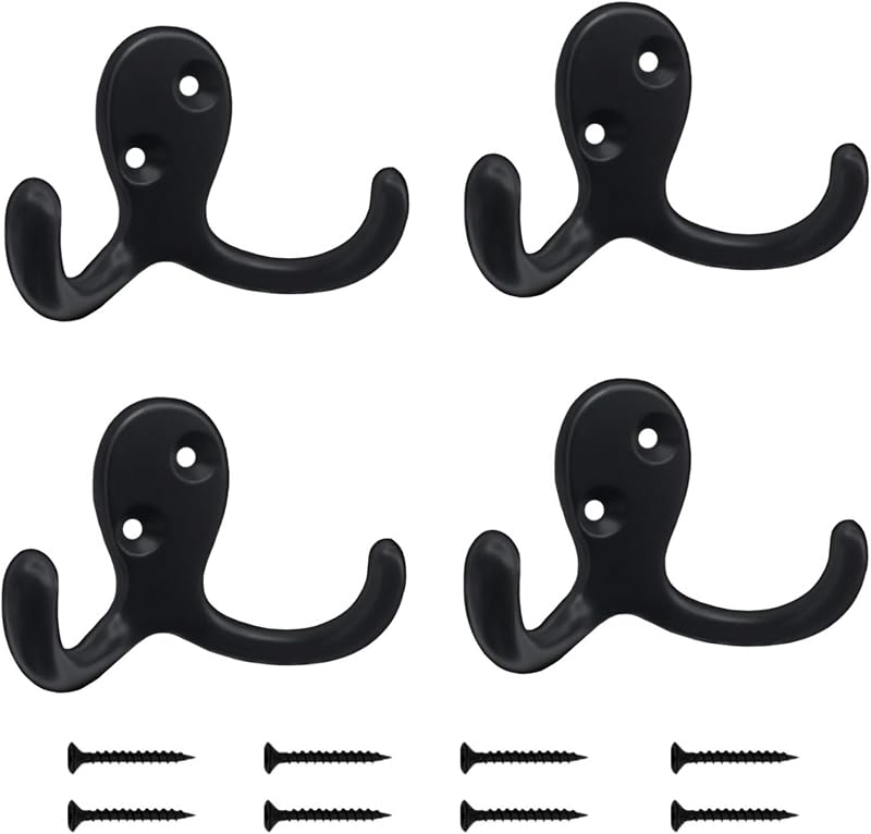 Kruodop 4 Pack Wall Hooks Wall Mounted Coat Hooks for Hanging Heavy Duty, Black Towel Hooks, Metal Double Coat Hanger with Screws Cup Retro for Coats, Handbags, Towels, Hat