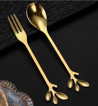 Silverware Set, 2/8/12/16/20/24 Pcs Stainless Steel Spoon & Fork Set Cherry Blossom/Coffee/Dessert/Fruit/Stirring, Home Flatware SetGold,8 Piece set for 4