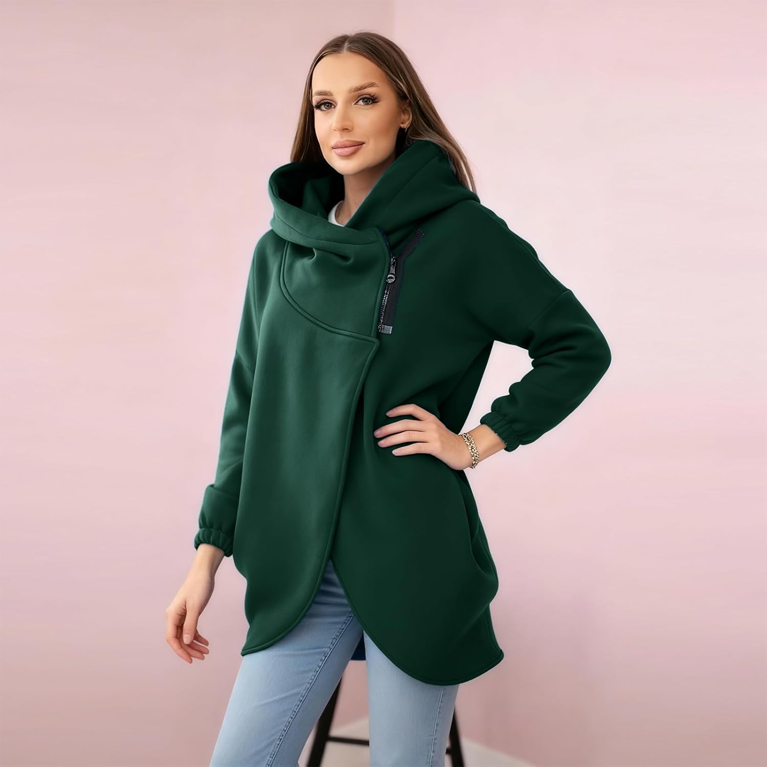 Hawyet Women's Oversized Asymmetric Zip up Hoodie, Long Sleeve Fleece Jacket with Large Hood for Casual, Cold Weather Wear