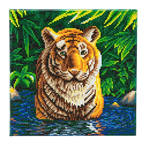 CRYSTAL ART - Kit Tableau Broderie Diamant sur Chassis Toilé - Activité Manuelle de Peinture - Loisirs Créatifs - Adulte et Enfant - Thème : Tigre dans sa Piscine - Format : 30 x 30 cm