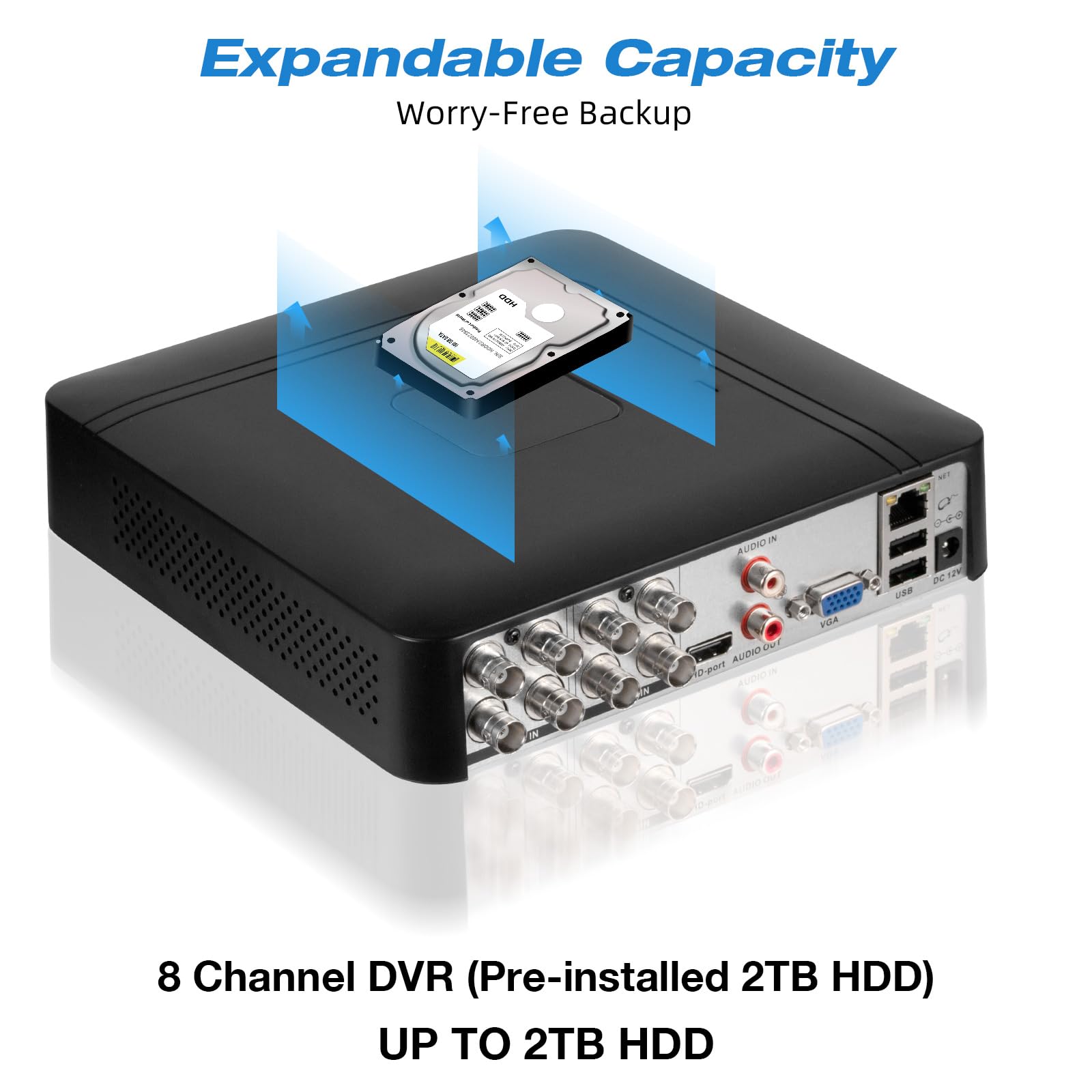 Enregistreur vidéo numérique 8 canaux 5 MP CCTV DVR H.265+ Sécurité 8CH avec disque dur de 2 To, hybride 5 en 1 (TVI/AHD/CVI/CVBS/IPC) DVR filaire pour caméra de sécurité, accès à distance