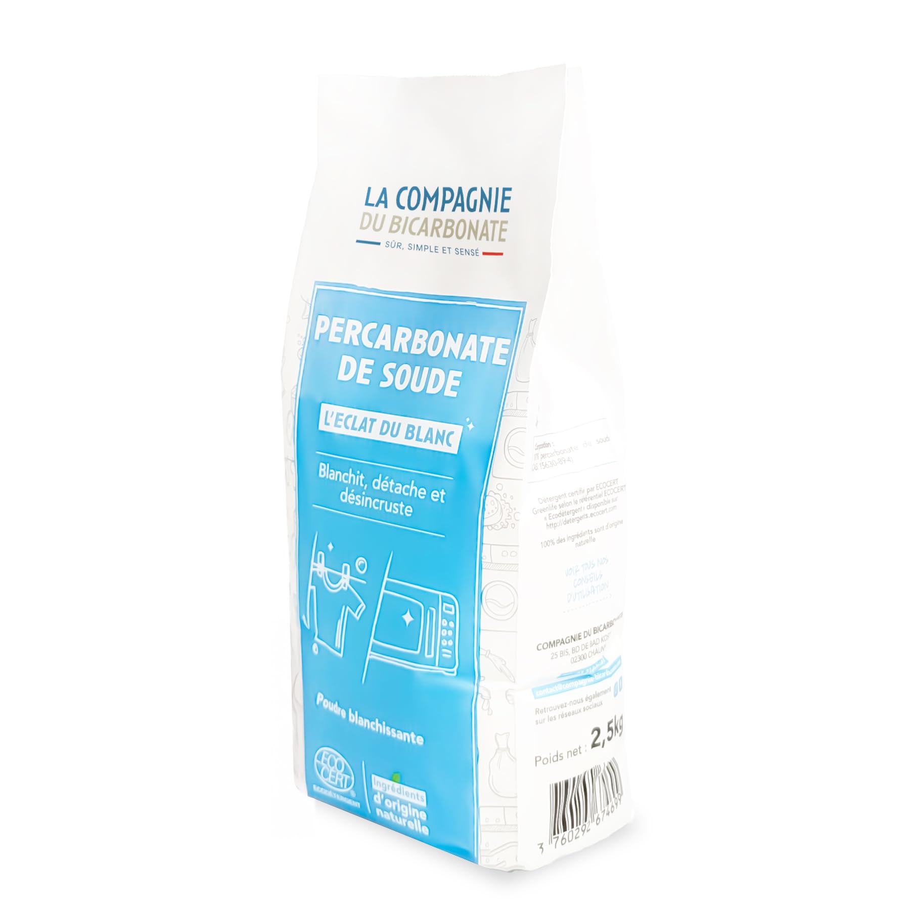 Percarbonate De Soude Ultra Pur - Sachet Kraft 2,5 kg - Blanchissant, Nettoyant, Détachant d'origine naturelle - Linge, Sanitaires - certifié par ECOCERT, Sans Additifs- La Compagnie du Bicarbonate