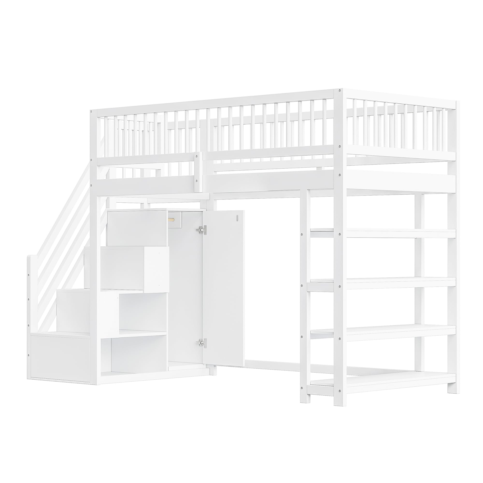 Cama alta de 90 x 200 cm, cama infantil, diseño de seguridad con armario, estantes y espacio de almacenamiento con escalera de seguridad, cama multifunción, cama de madera maciza (blanco)