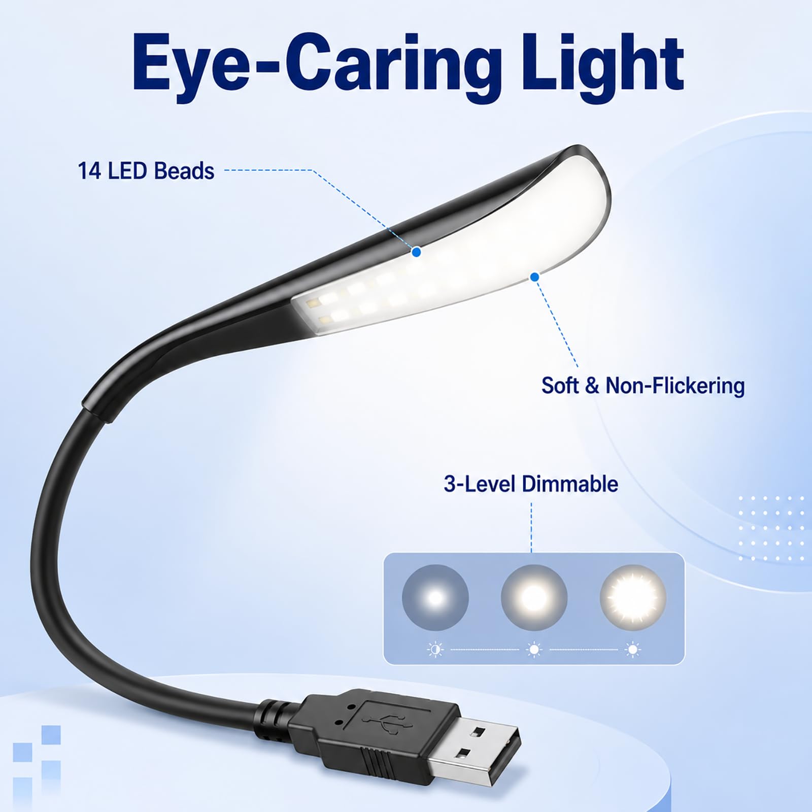 USB Lampe, Dimmbare USB Lampe Mini-LED-Licht Laptop PC, flexible Schwanenhalslampe 14 LED-Perlen, 3-stufige Helligkeit, Touch-Ein/Aus-Schalter, tragbar, augenfreundlich,Lesen, Notebook, Nachtlicht