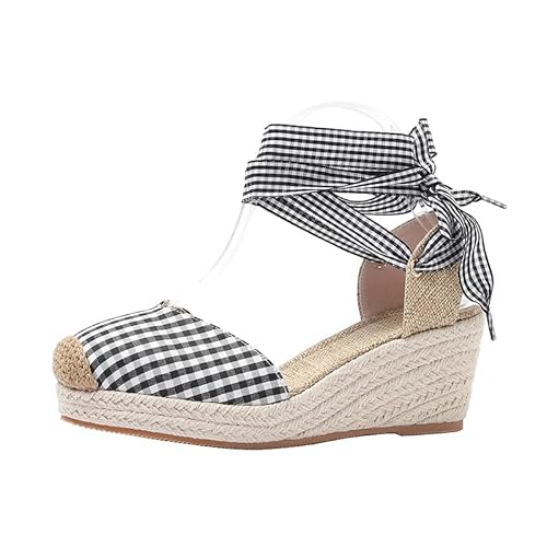 Espadrilles Wedge Sandals for Women Low Heel Plaid Sandals Closed Toe Platform Ankle Strap Lace Up Cute Summer Shoes (Black,6)