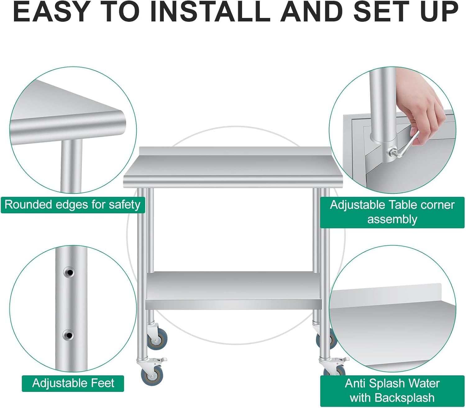 Commercial Stainless Steel Prep Table 30x24 with Backsplash & 4 Caster Wheels - Heavy Duty Kitchen Worktable with Adjustable Under Shelf for Restaurant, Home, Outdoor Use