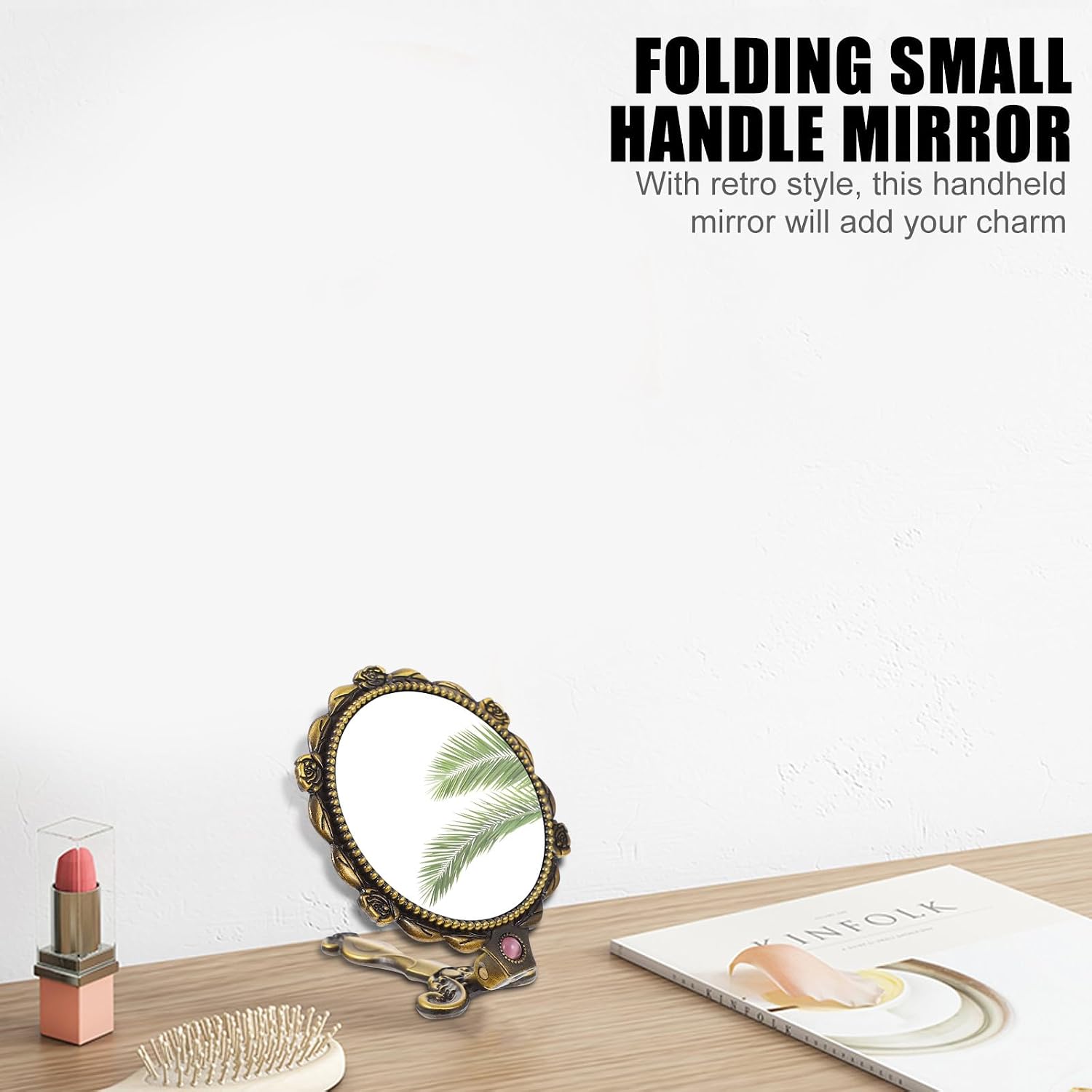 Portable Foldable Handheld Makeup Mirror Vintage Round Metallic Tone Mini Pocket Mirror for Travel and Personal Beauty Use image 3