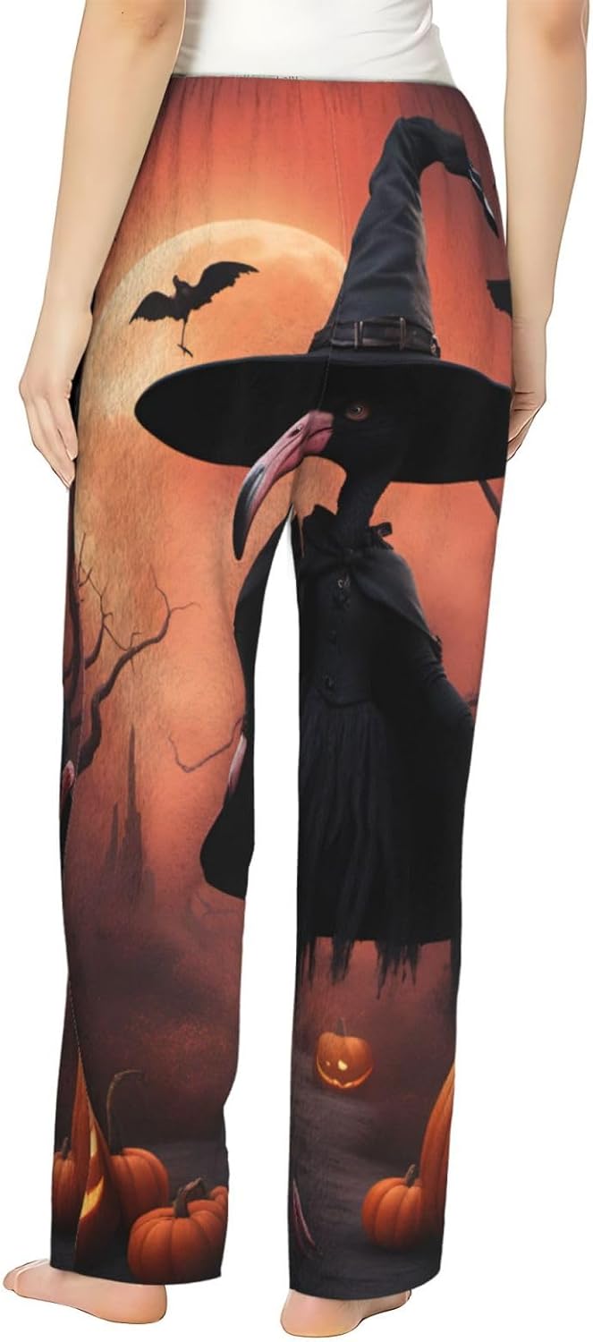 Halloween Flamingo Witch Hat Print Women'S Flannel Pajama Pants,Soft Warm Pajama Bottoms,Perfect For Holiday Lounging