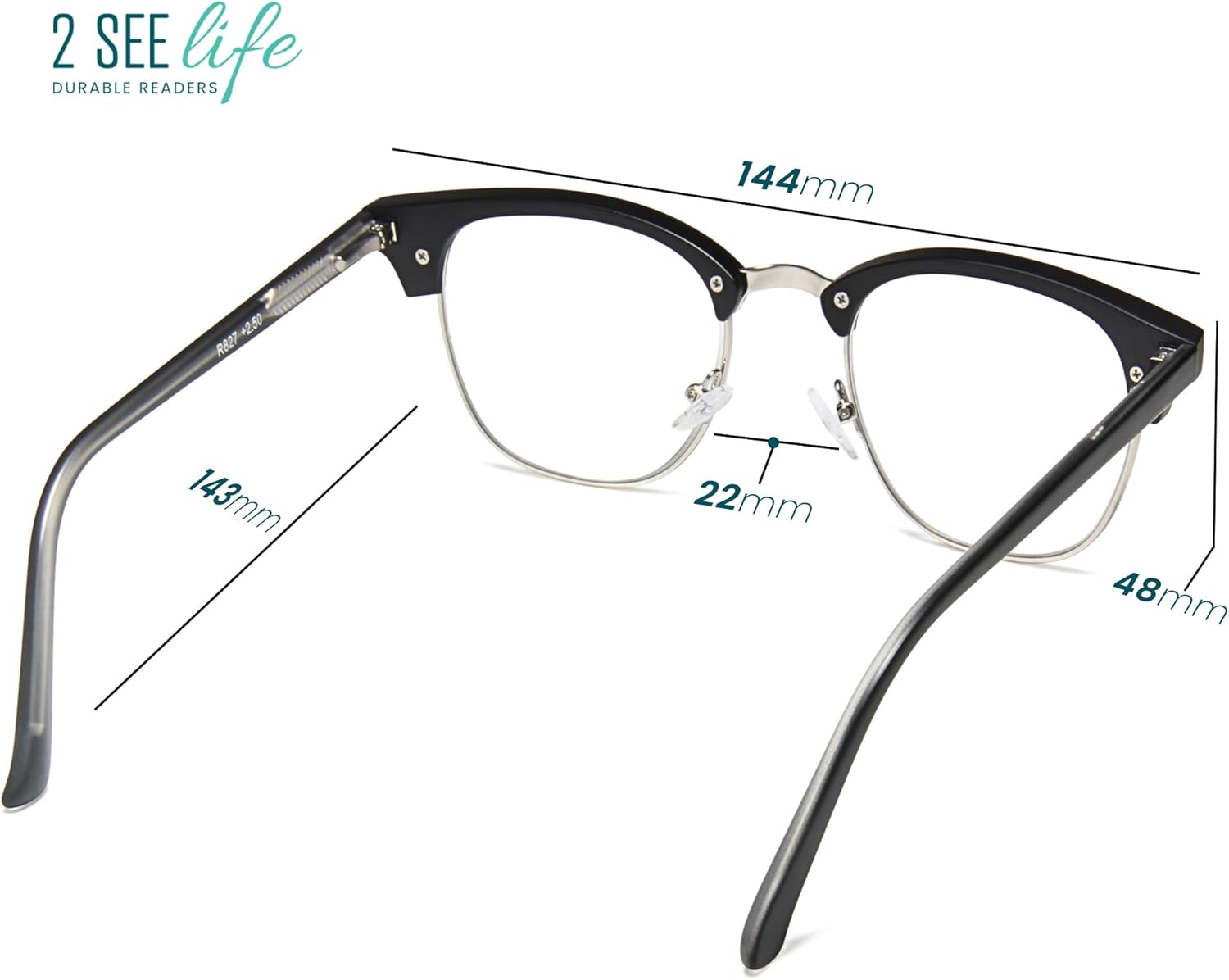 2SeeLife Premium Half Rim Reading Glasses Women & Men - Fits all Face Shapes, Metal & Sturdy Readers, Spring Hinges