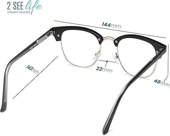 2SeeLife Premium Half Rim Reading Glasses Women & Men - Fits all Face Shapes, Metal & Sturdy Readers, Spring Hinges