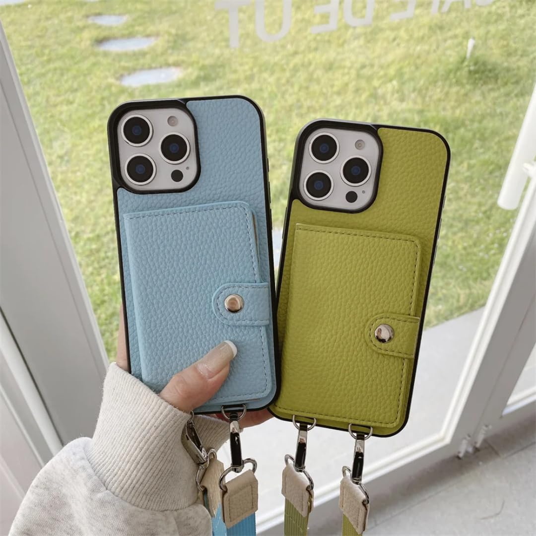 Custodia protettiva in pelle per iPhone 16 con portafoglio a tracolla, porta carte e portamonete (per iPhone 16/viola chiaro)