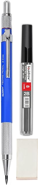 Liquidraw Mechanical Clutch Pencil 2mm With 8 x 2B Leads, Eraser & Integrated Sharpener For Architectural Technical Drawing Artists Architects Engineers Drafting Carpenters Sketching Writing
