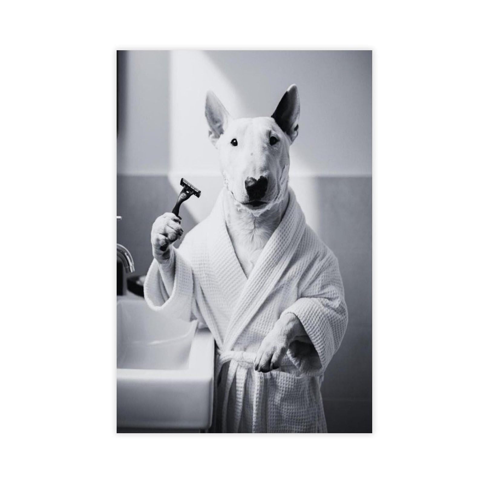 MGHDGD Bull Terrier Dog Bathroom Art Shaving with Razor Canvas Poster Wall Art Decor Print Picture Paintings for Living Room Bedroom Decoration 12x18inch(30x45cm)