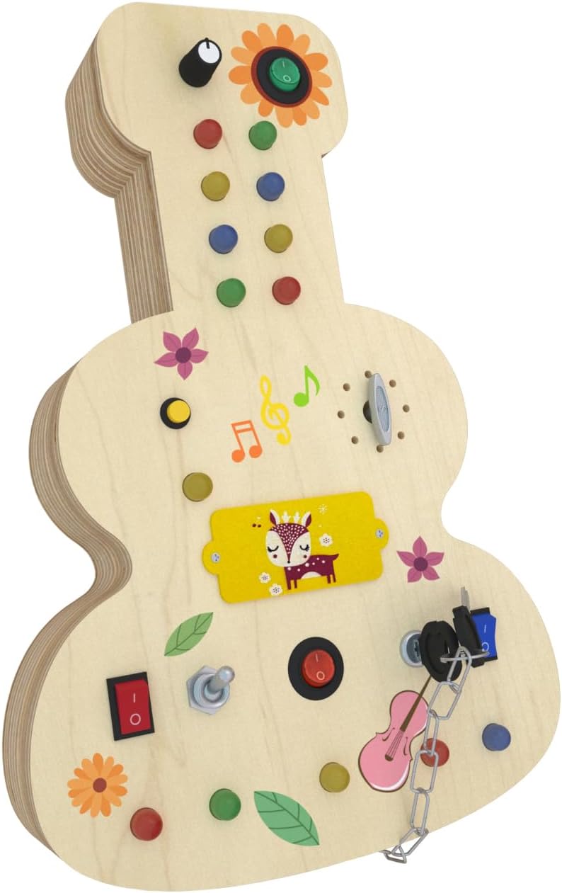Wooden Montessori Musical Busy Board for Toddlers for 3-5 Year-Old with Mechanical Turner, Colorful Bulbs, Switches, Buttons - Enhance Sensory, Motor Skills, and Logical Thinking