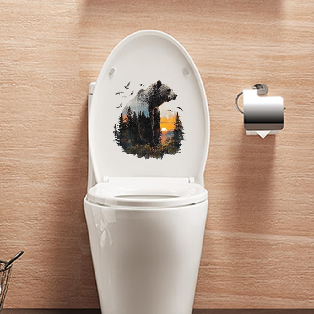 Funny Animal Toilet Seat Cover Decal Waterproof Cartoon Dog Cat Toilet Seat Lid Sticker Dinosaur Duck Washroom Bathroom Decal Home Wall Sticker (Side Bear)