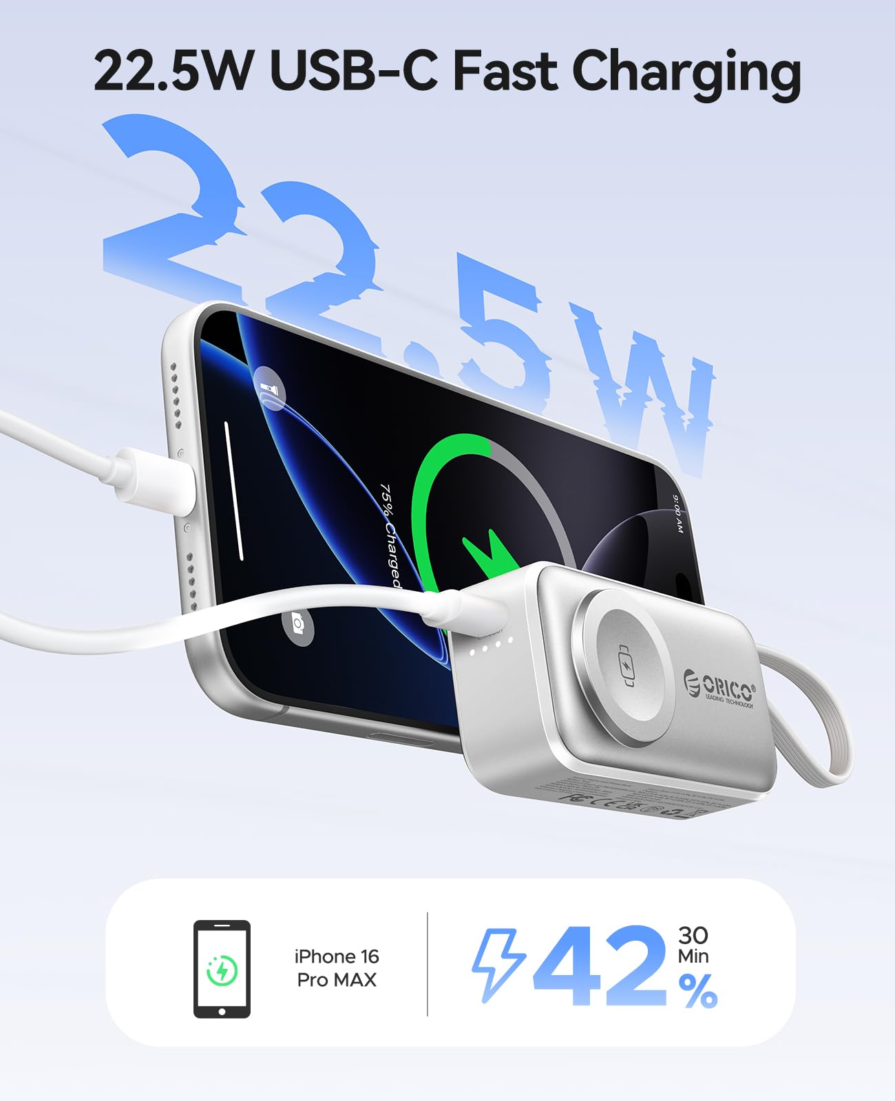 ORICO Mini Powerbank 5000mAh Weiß, Kompatibel mit Apple Watch und iPhone | PD 22,5W Schnellladung, Aufstellständer, nur Apple Watch Ladefunktion, klappbarer USB-Stecker, integriertes USB-C Kabel