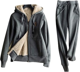 ZGZZ7 Women's Winter Warm Sherpa-lined Athletic Hoodies Coat Two Piece Sweatshirt Sets Active Joggers Sweatpants