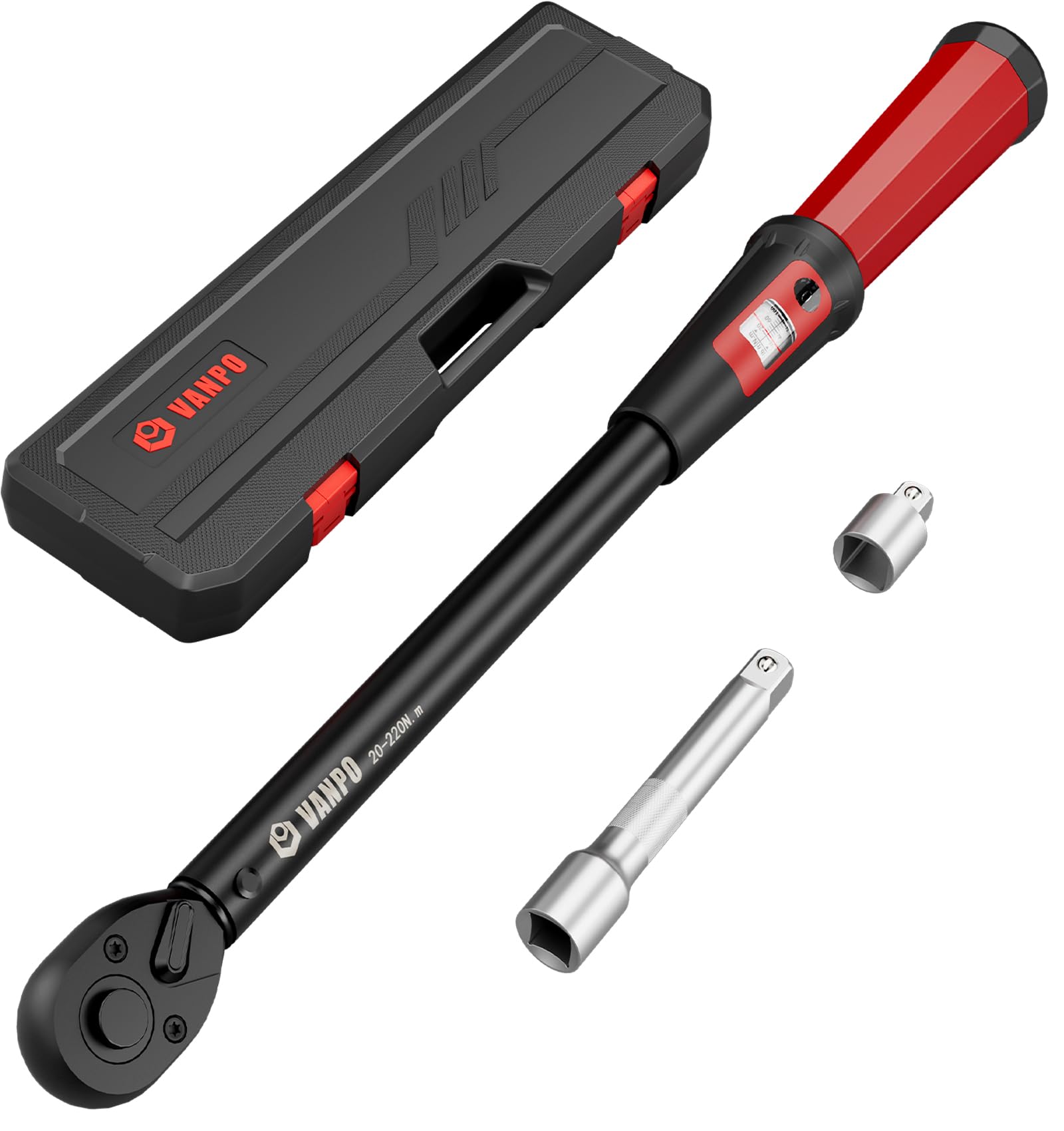 VANPO Torque Wrench 1/2 Inch, Length 51 cm, 20-220 NM Torque Wrench with Viewing Window for Car & Motorcycle, 72 T Torque Wrench Set with 125 mm Extension Rod, 1/2-3/8-Inch Adapter 1/2 inch 20-220NM