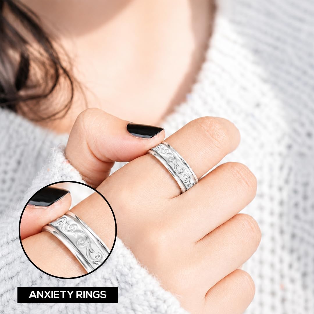 Shop LC 925 Sterling Silver Spinner Fidget Ring for Women Men | Anxiety Ring | Moon Star Design | Platinum Plated | Stress Relief Worry | Promise | Boho Jewelry Gift