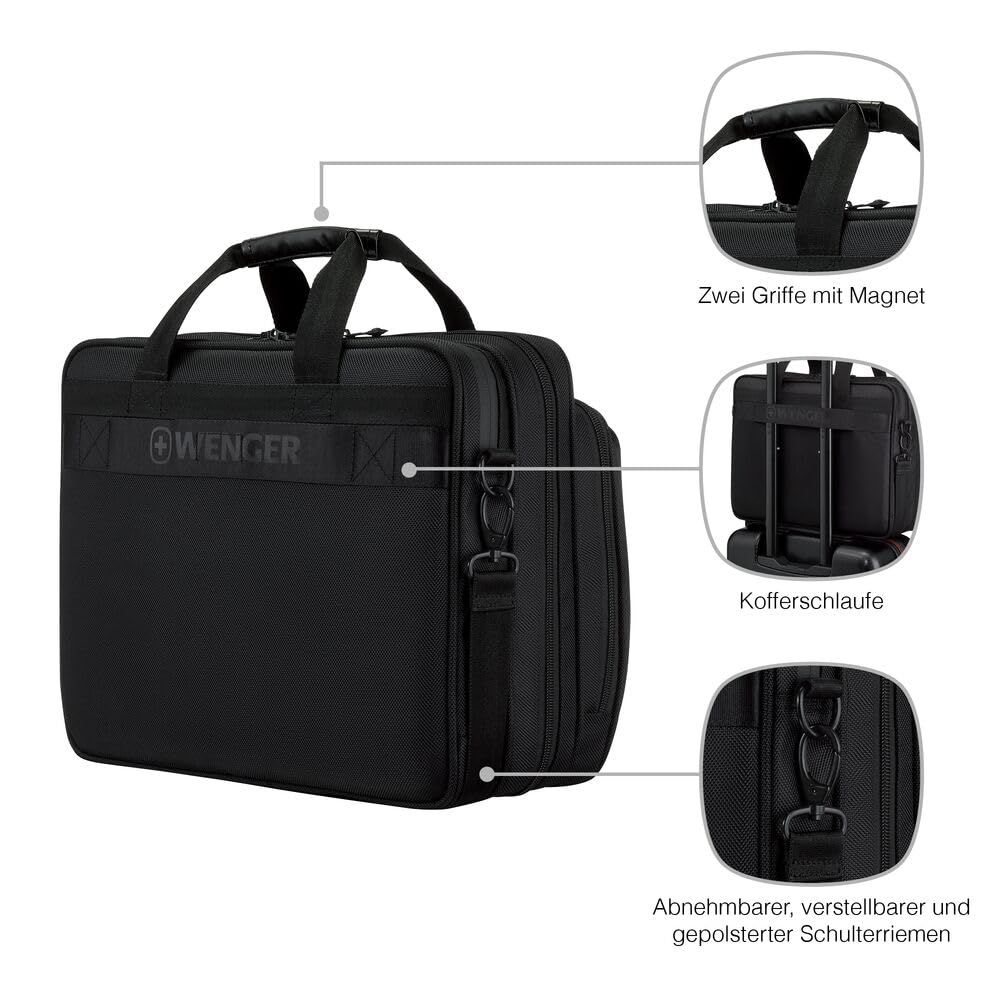 WENGER Legacy Black Series Brief Laptop-Tasche zum Umhängen, Notebook bis 16 Zoll, Tabletfach, Aktentasche, 15 l, Büro Business Uni, Schwarz, 653630