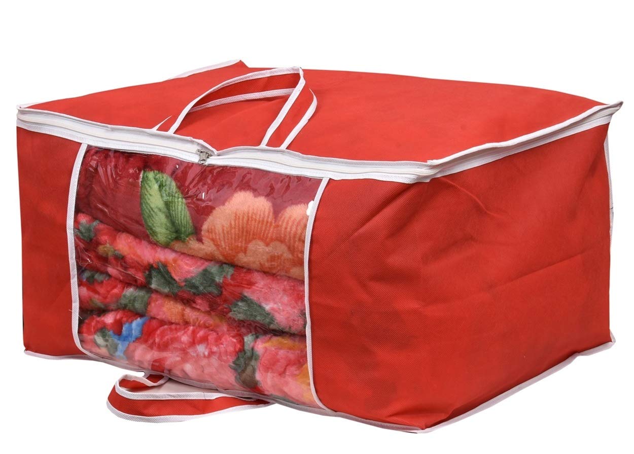 Yellow Weaves™ Underbed Storage Bag, Storage Organiser, Blanket Cover with designer handles, Red Color - (Extra Large Size)-image-24