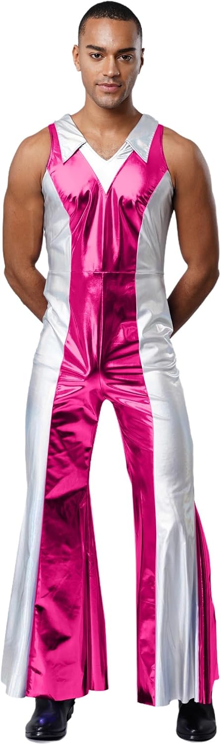 Lejafay Men's 70s Disco Costume Shiny Metallic Unitard Zentai Sleeveless V Neck Bodysuit Rave Outfits