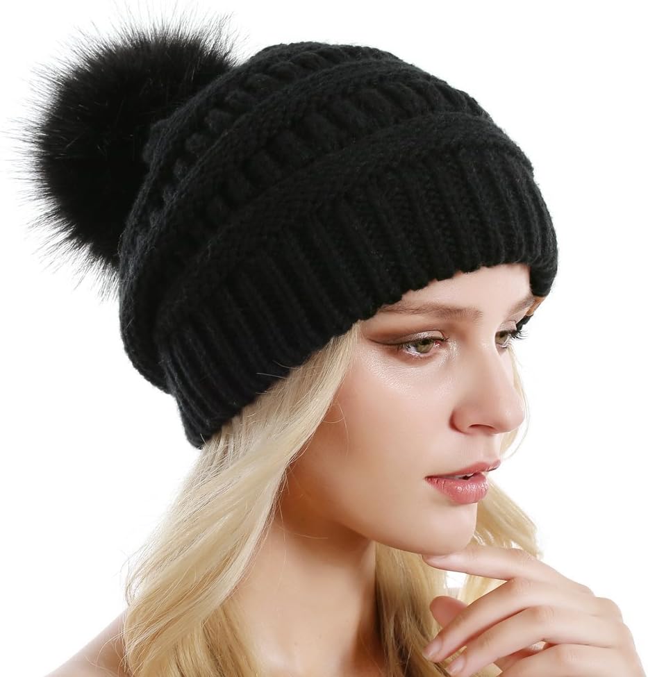 Women Knit Slouchy Beanie Chunky Baggy Hat with Faux Fur Pompom Winter Soft Warm Ski Cap