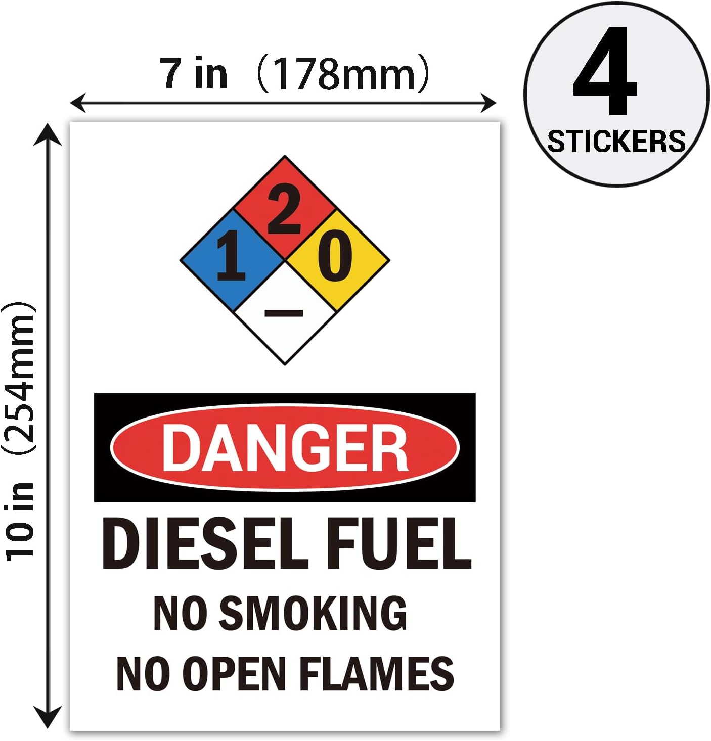 DANGER- Diesel Fuel No Smoking No Open Flames Sign, Set of 5 Self Adhesive Gasoline Warning Sticker Decal For Tanks, Size 7" x 10" (Vinyl)