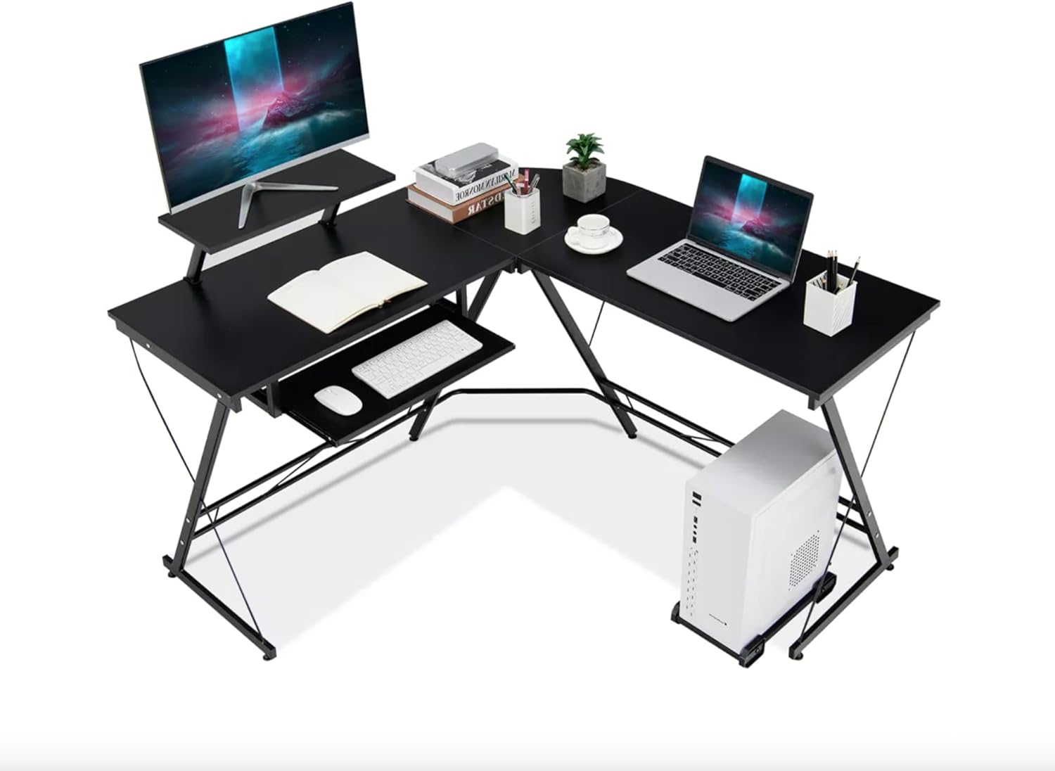 L-Shape Corner Computer Desk PC Glass Laptop Table Workstation Home Office Black