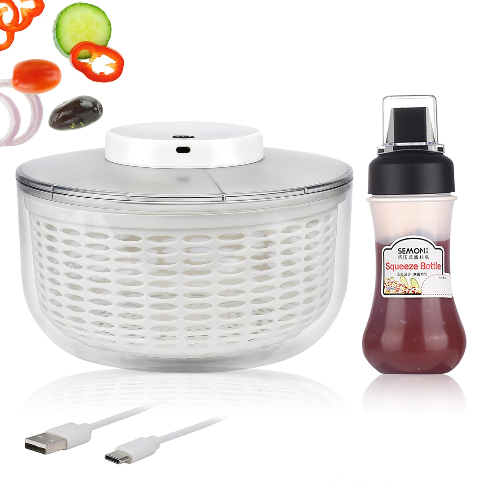 Centrifugador eléctrico de ensalada, 6 L, de gran capacidad, automático, para verduras, frutas, escurridor, escurridor, colador de lechuga de carga USB, con botella exprimible de 350 ml para la cocina