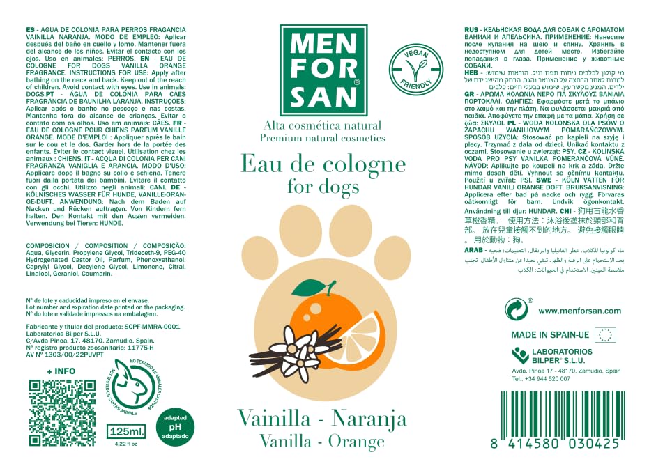 MENFORSAN Cologne für Hunde Vanille und Orange 125ml, Süßes, fruchtiges und langanhaltendes Aroma