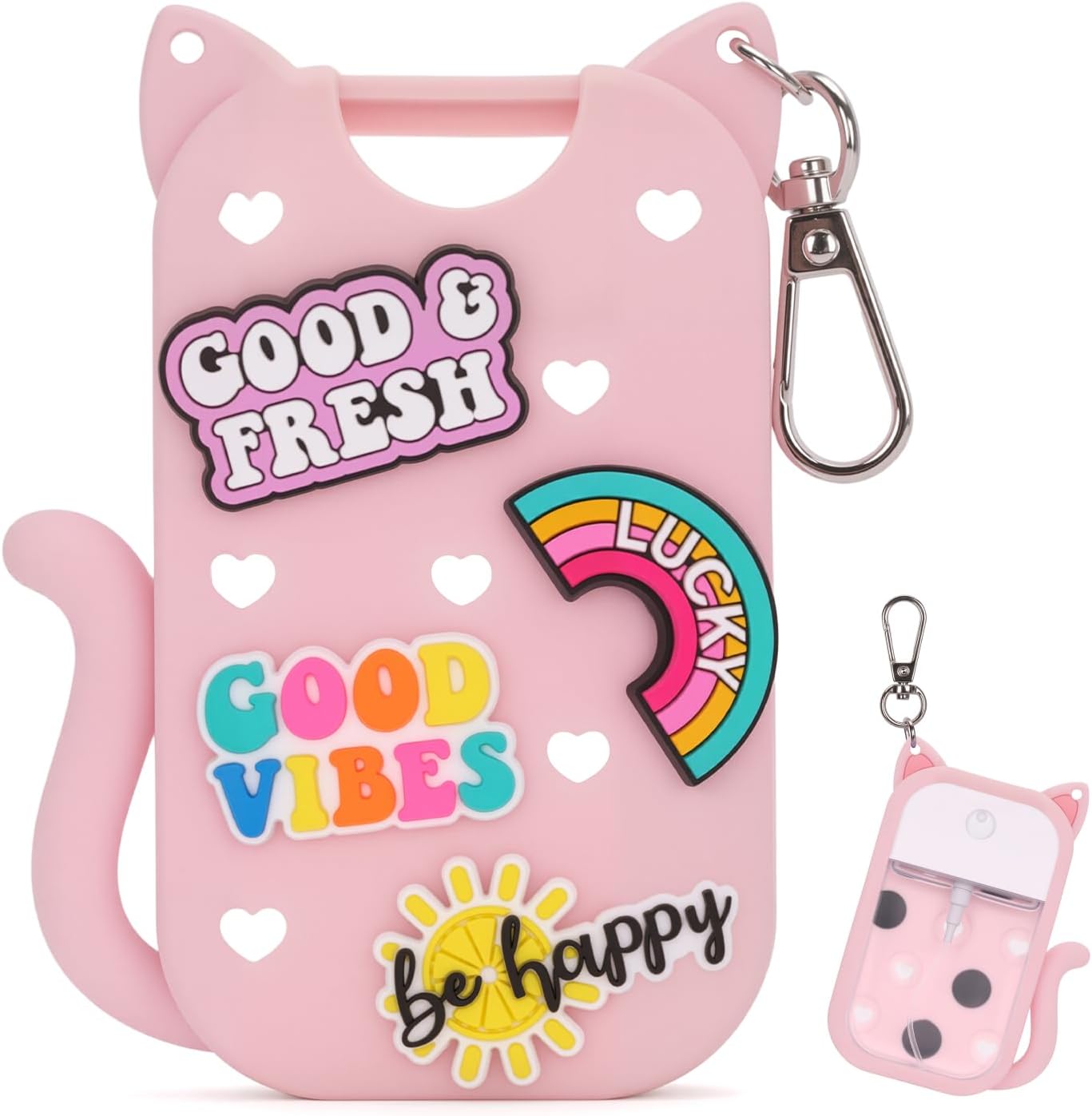 Silicone Case Holder Compatible with Hand Sanitizer Spray Touchland 1 fl oz, Cute Cat Ear Protective Case with Keychain & 4 Decorative Charms (Pink, 1P)