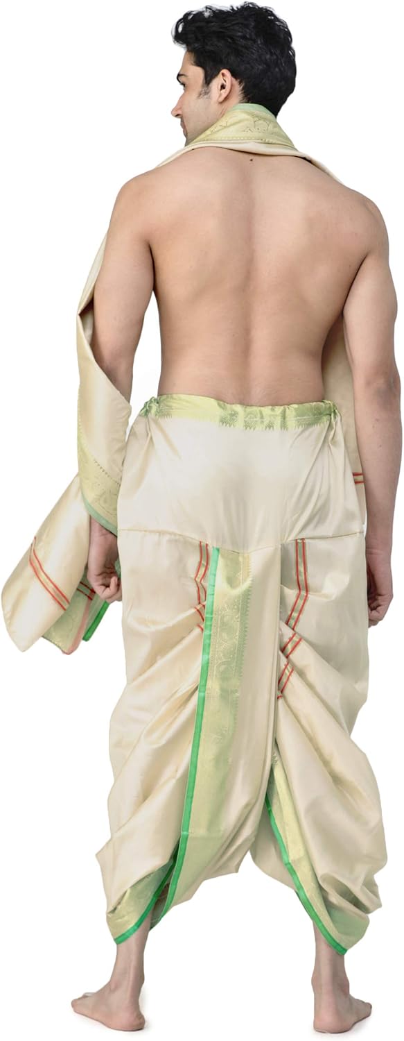 Exotic India Ready to Wear Dhoti and Angavastram Set with Woven Golden Leaves Border