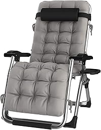 Lehnender Schwerelosigkeits-Stuhl im Freien mit Getränkehalter, extrabreiter Verstellbarer Liegestuhl für Patio-Garten-Strand-Pool, mit Kissen-Unterstützung 200kg (Color : Silver)