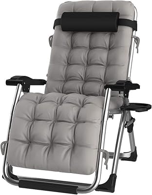 Lehnender Schwerelosigkeits-Stuhl im Freien mit Getränkehalter, extrabreiter Verstellbarer Liegestuhl für Patio-Garten-Strand-Pool, mit Kissen-Unterstützung 200kg (Color : Silver)